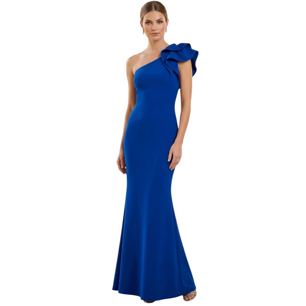 Betsy & Adam Royal Blue One-Shoulder Architectural Ruffle Gown - Size 4